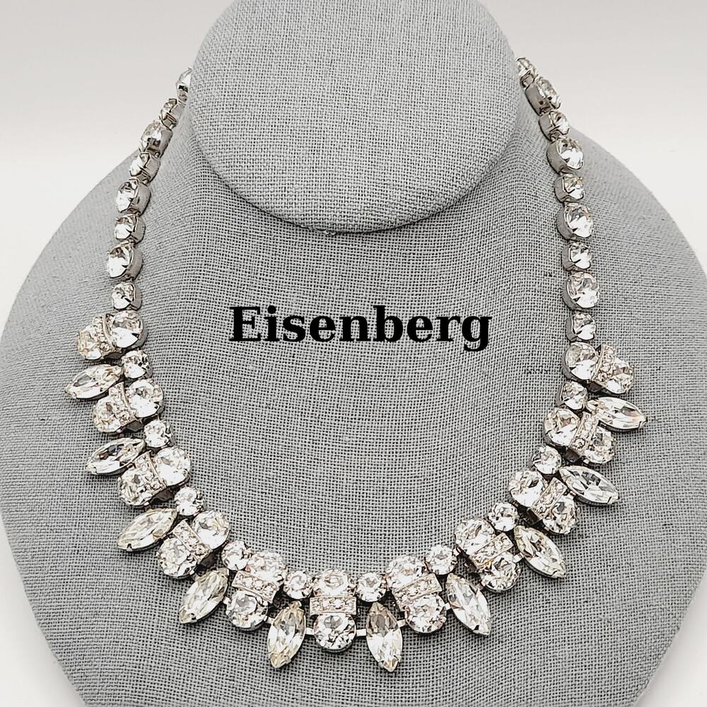Eisenberg Clear Rhinestone Necklace Rhodium Plated 1950s Bridal Vintage